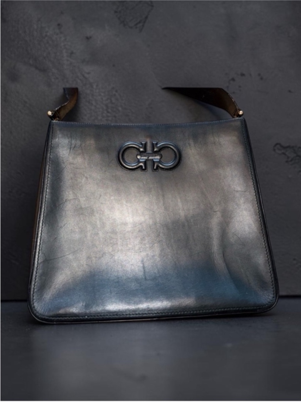 Salvatore Ferragamo Vintage Black Leather Messenger Bag with Gancini Detail